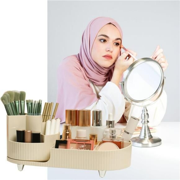 Rotating Makeup Organizer Countertop Storage Tray Brush Holder Vanity Case - Picture 5 of 7